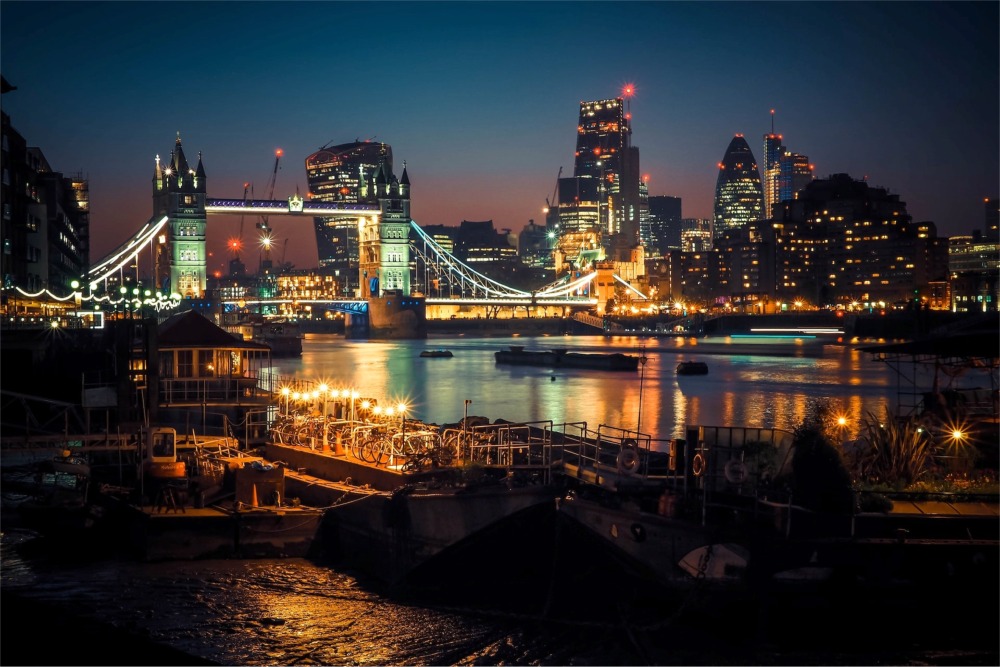 Tower Bridge from Downings Roads Moorings, London, England, UK.