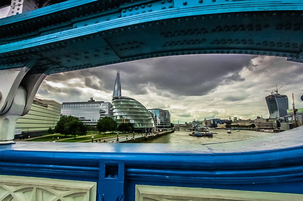 The former City Hall (Southwark), the Shard, 20 Fenchurch Street aka the Walkie Talkie, and the River Thames, London, England, UK.