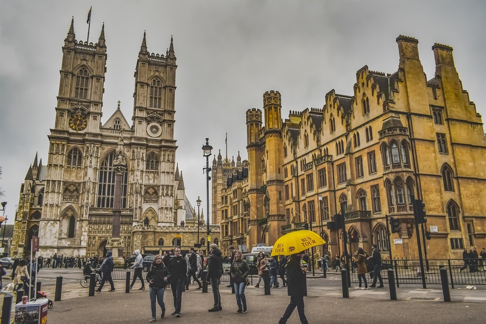 The western facade of Westminster Abbey in London, England.