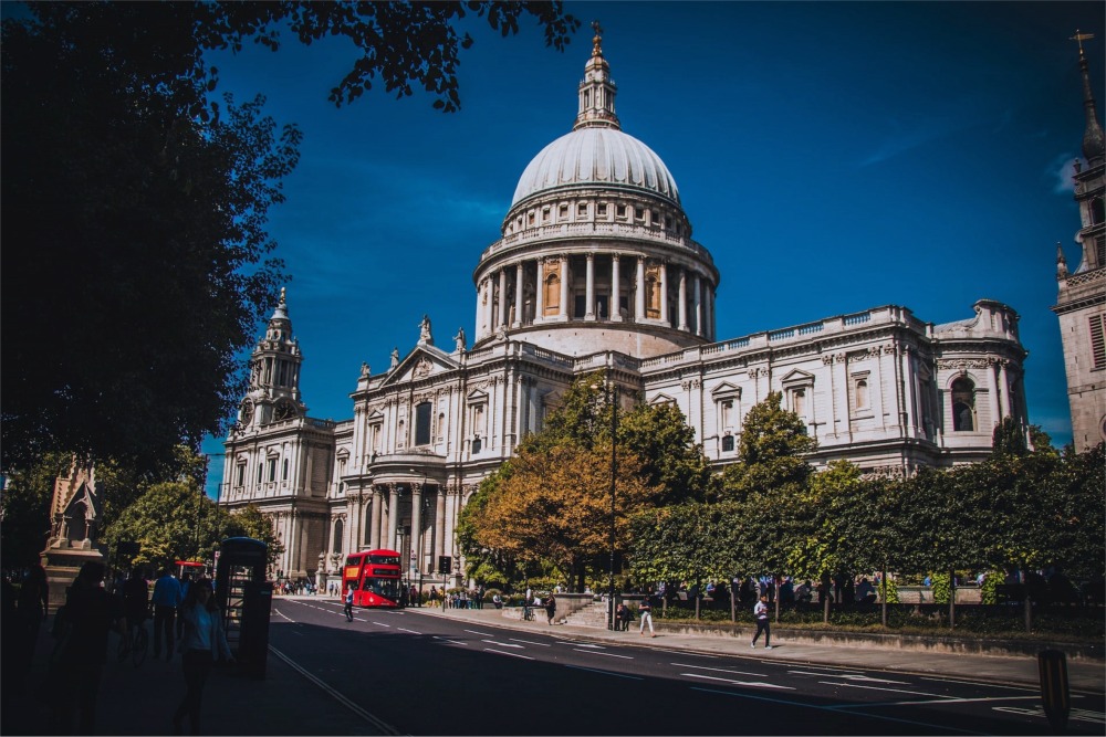 The main facade of St Paul's Cathedral in London, England.