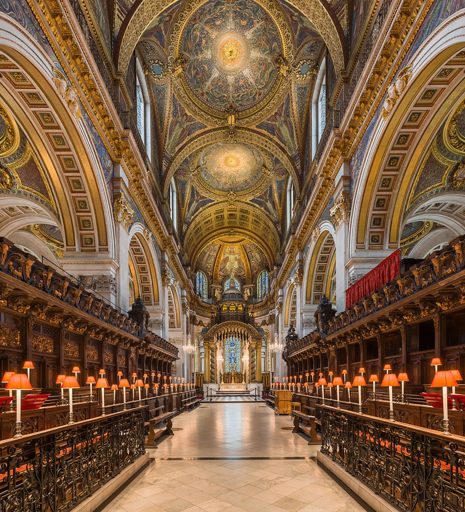 This is a photograph of the Choir (sometimes called the Quire) of St Paul's Cathedral in London England looking east.