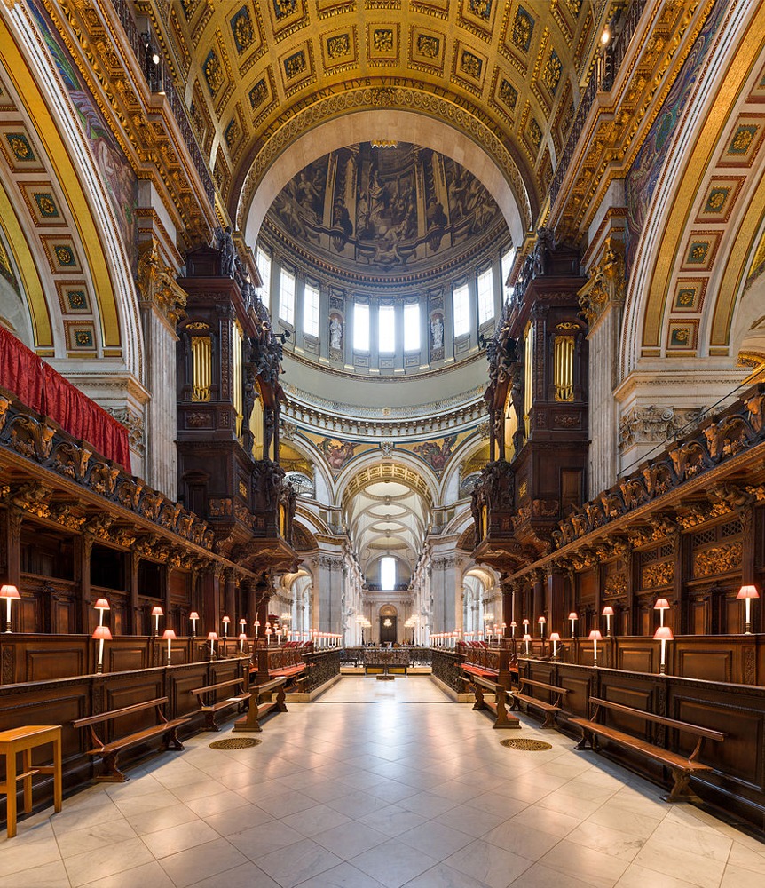 This is a photograph of the Choir (sometimes called the Quire) of St Paul's Cathedral in London England looking west.