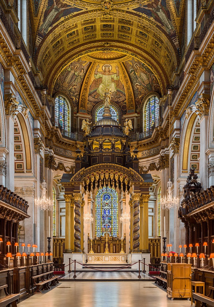 This is a photograph of the High Altar of St Paul's Cathedral in London England looking east from the choir.