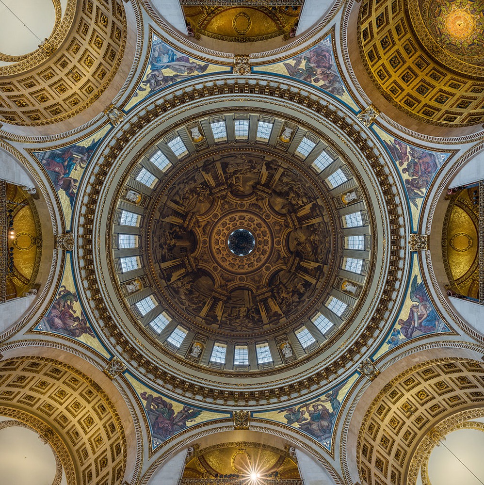 This is an interior photograph of the dome of St Paul's Cathedral in London, England.