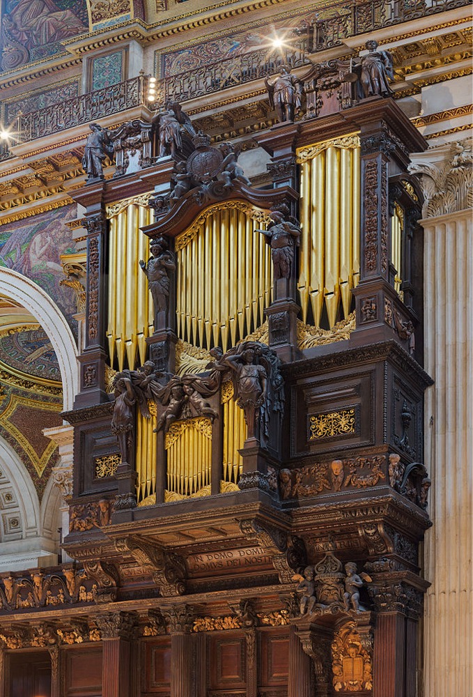 This is a photograph of the south choir pipe organ in St Paul's Cathedral, London, England.