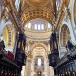 The Ceiling of St Paul's Cathedral in London England viewed from the choir looking west.