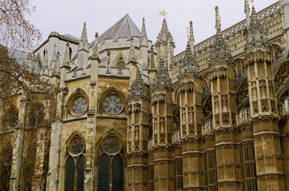 The exterior of the Henry VII Lady Chapel at the eastern end of Westminster Abbey in London, England.