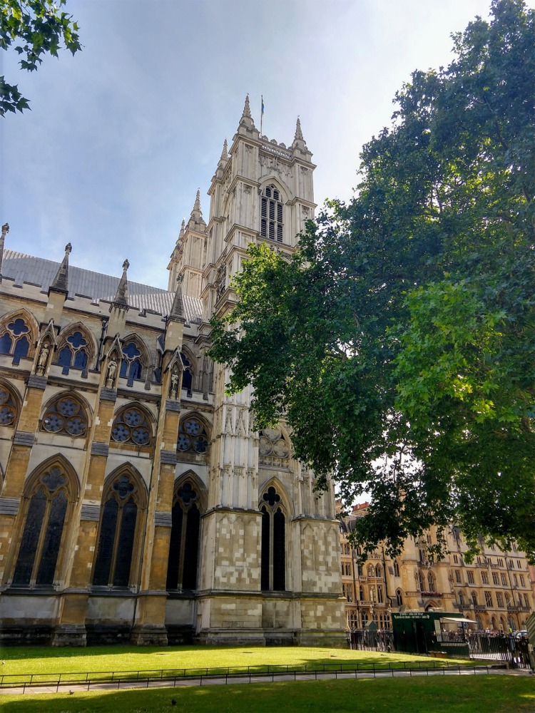 The western end of the northern facade of Westminster Abbey is looking great on this lovely fine sunny day in London, England.