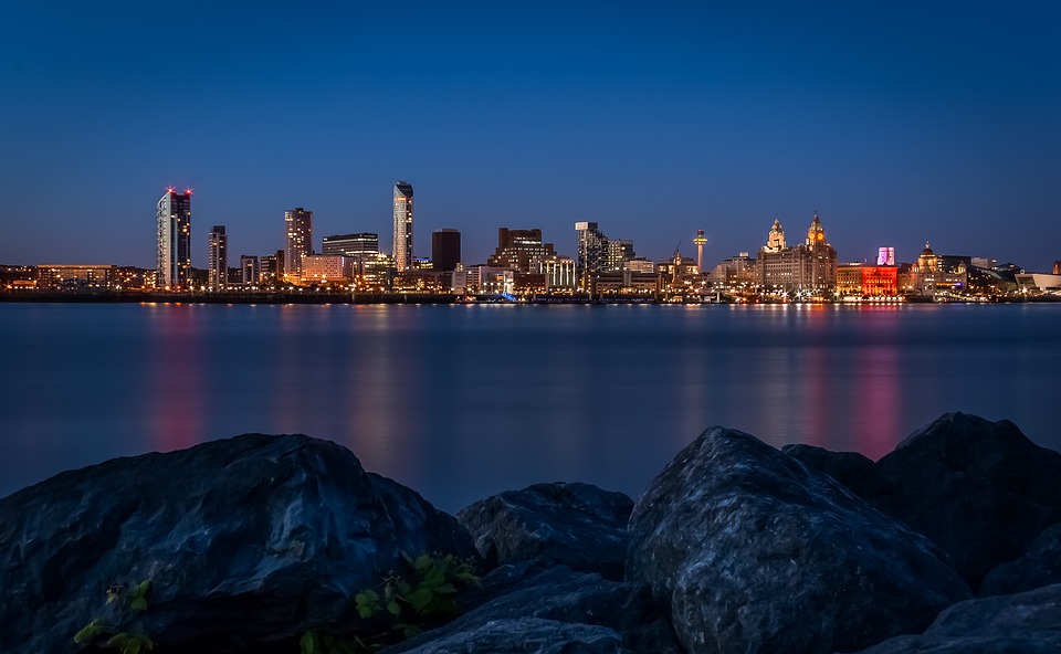 Liverpool skyline at night, Liverpool, Merseyside, England, UK, United Kingdom