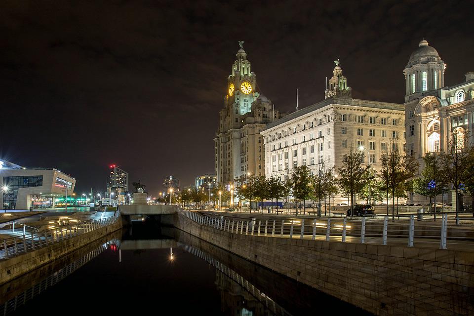 The Three Graces at night, Liverpool, Merseyside, England, UK, United Kingdom