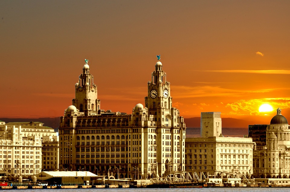 The Three Graces at sunset, Liverpool, Merseyside, England, UK, United Kingdom